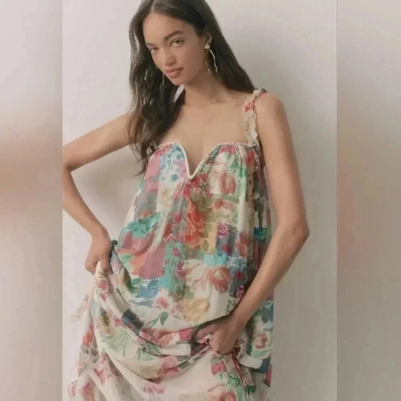 NWT Anthropologie Chiffon Floral Smock Cottagecore Midi Dress Size Medium - Picture 2 of 9